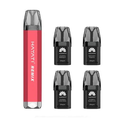 Hayati Remix 2400 reusable vape with four prefilled flavored pods, 2ml capacity, advanced mesh coil, and 500mAh battery.