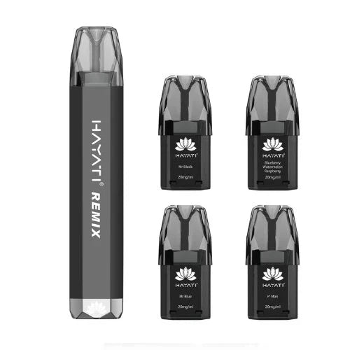Hayati Remix 2400 reusable vape device with four prefilled pods featuring 2% nicotine and advanced mesh coil technology.