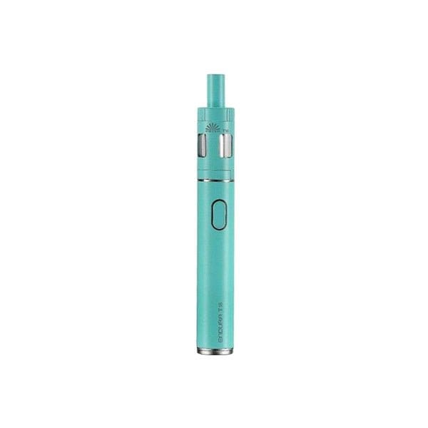 Innokin Endura T18E Kit in turquoise with 2ml stainless steel and Pyrex glass tank, 1000mAh battery, and single button design.