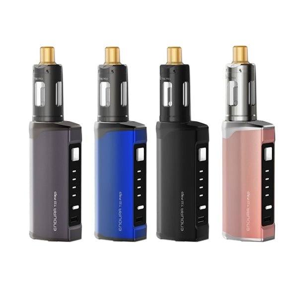 Innokin Endura T22 Pro Kit vape devices in gray, blue, black, and rose gold with 3000mAh battery and 2ml tank capacity.