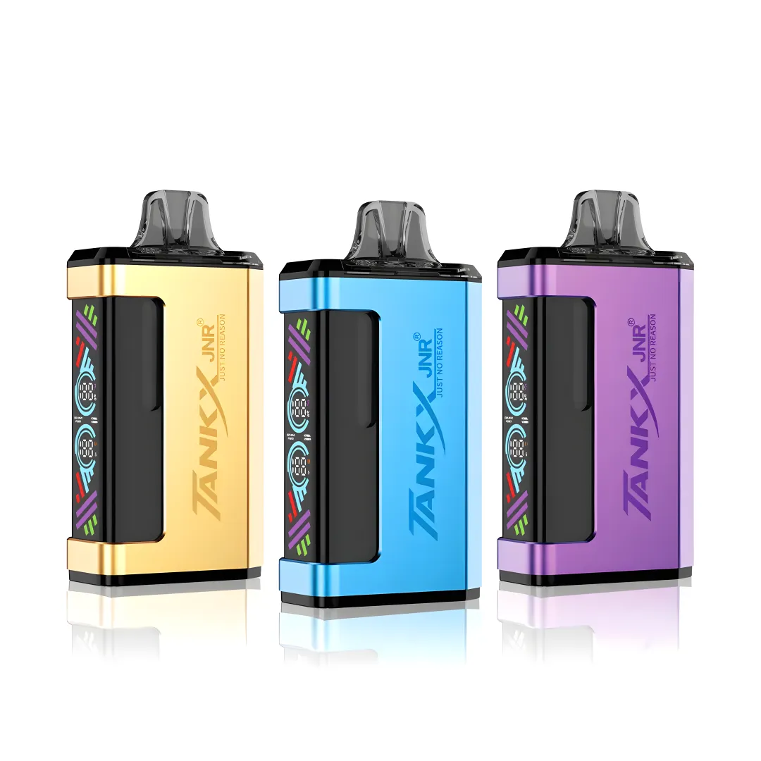 JNR Tank X 36K puffs refillable pod kits in gold, blue, and purple with sleek ergonomic design and dual mesh coil technology.