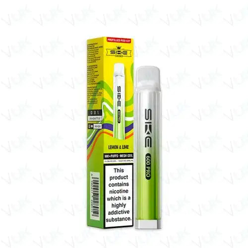 SKE Crystal Bar 600 Pro prefilled lemon lime pod vape kit with 400mAh battery and 20mg nicotine salt e-liquid box of 10