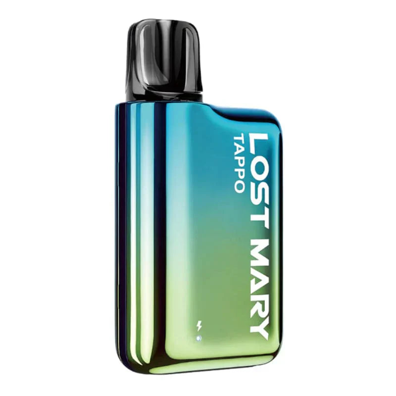 Lost Mary Tappo Pod Kit prefilled vaping device in blue-green gradient with 750mAh battery and metal box design