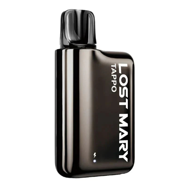 Lost Mary Tappo Pod Kit sleek black prefilled vaping device with 750mAh battery and metal construction.