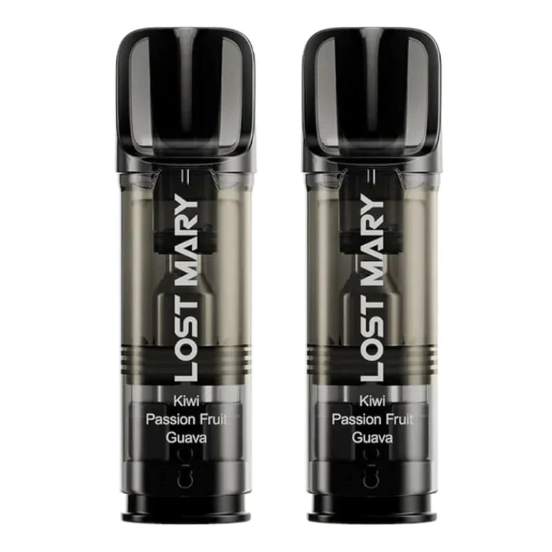 Two Lost Mary Tappo prefilled vaping pods with Kiwi Passion Fruit Guava flavor and black mouthpieces.