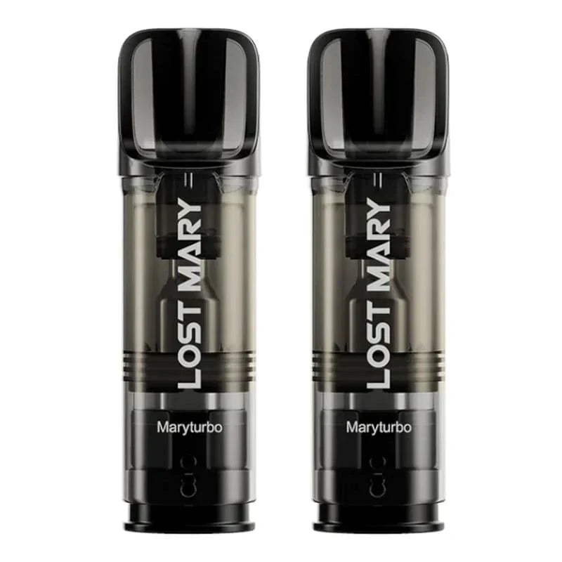 Two Lost Mary Tappo prefilled vaping pods with 2% nicotine, featuring Maryturbo flavor and clear black design.