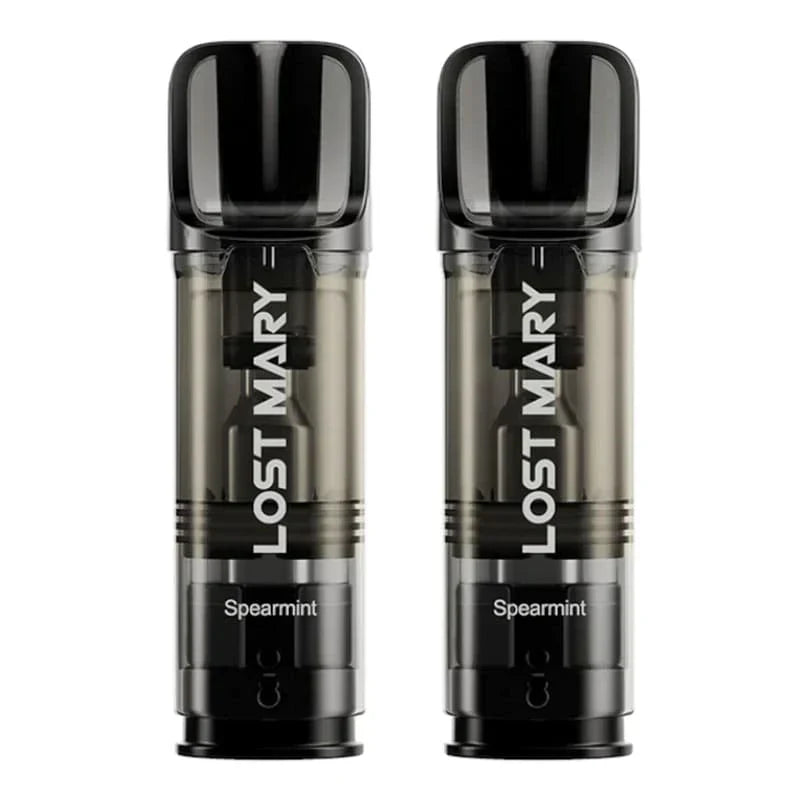 Two Lost Mary Tappo Spearmint prefilled vaping pods with 2% nicotine and QUAQ mesh coil technology.