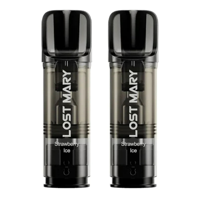 Lost Mary Tappo Pods prefilled vape cartridges in Strawberry Ice flavor with 2ml e-liquid and 2% nicotine.