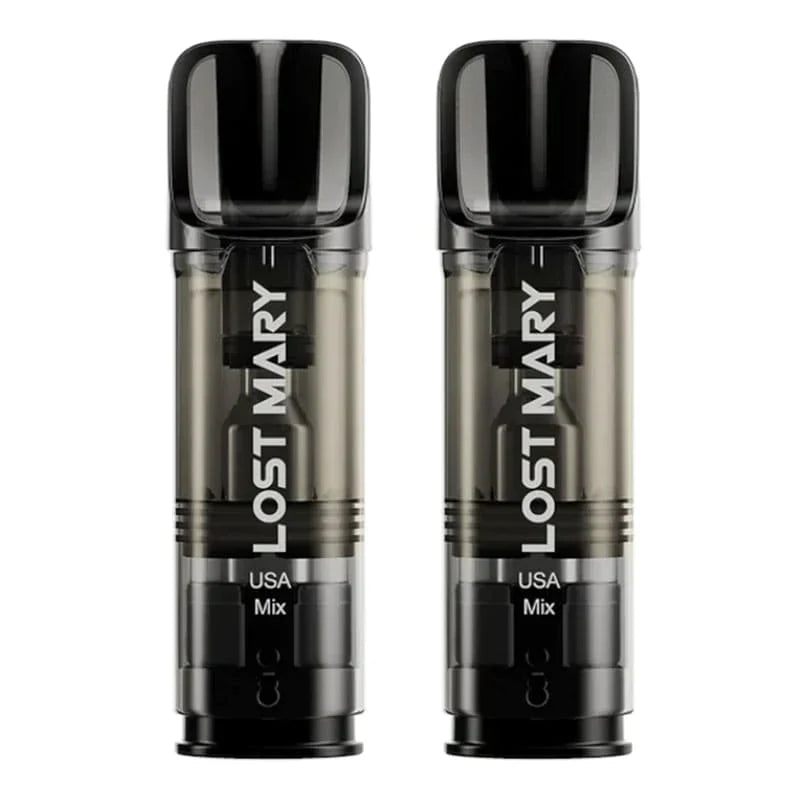 Two Lost Mary Tappo prefilled pods with USA Mix flavor, black and transparent design, 2ml e-liquid capacity, compatible with Lost Mary Tappo Pod Kit.