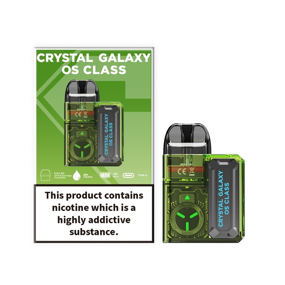 Crystal Galaxy OS Class pod vape kit with 750mAh battery, replaceable 2ml pods, Type C charging, and sleek transparent design.