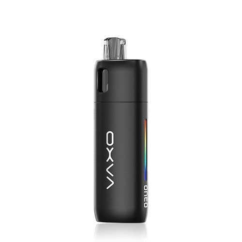 Black Oxva Oneo Pod Vape Kit with sleek aluminum alloy body and colorful RGB lighting effects