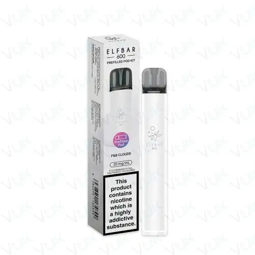 Elf Bar 600 Prefilled Pod Kit with 20mg nicotine salt, 500mAh battery, USB-C charging, and mesh coil technology in white with packaging