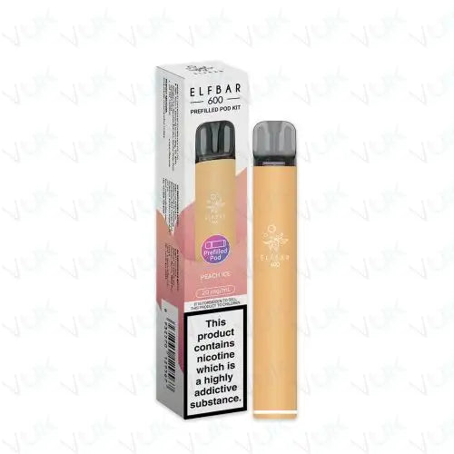 Elf Bar 600 Prefilled Pod Kit with 500mAh battery, 2ml 20mg nicotine salt pod, reusable MTL vape in Peach Ice flavor pack of 5