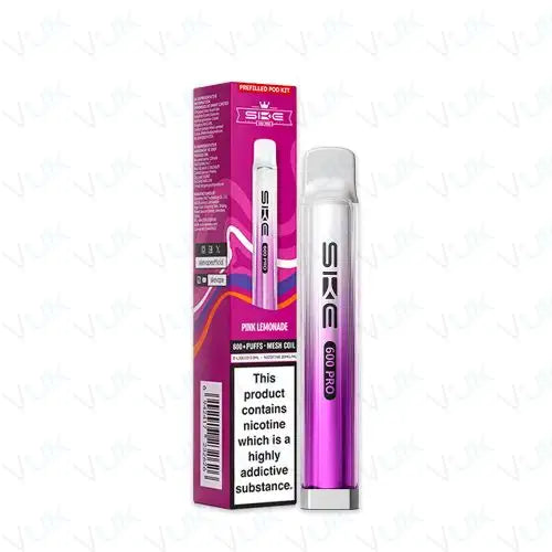 SKE Crystal Bar 600 Pro prefilled vape kit in pink lemonade flavor with built-in 400mAh battery and mesh coil, box of 10