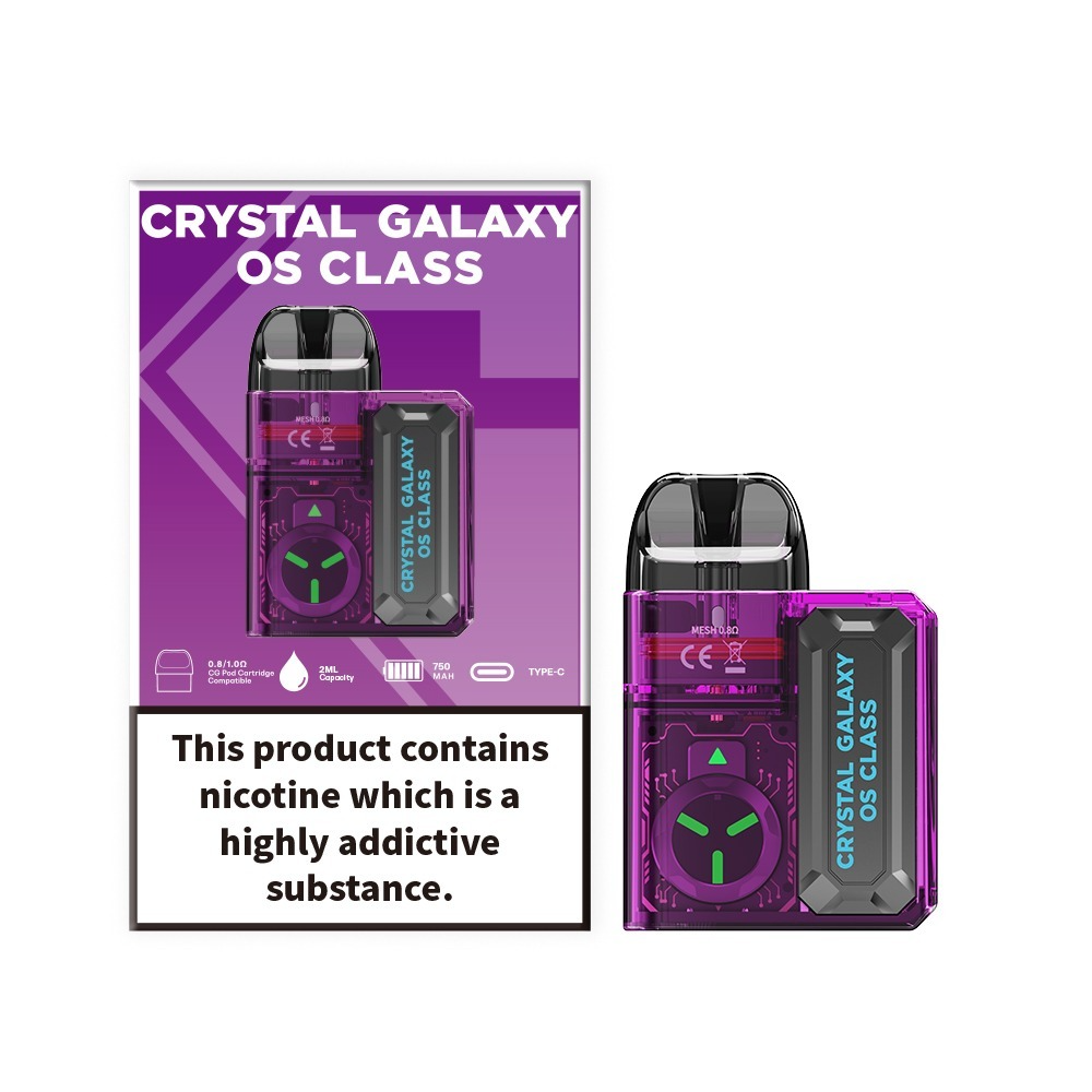 Crystal Galaxy OS Class purple pod vape kit with 750mAh battery and replaceable pods.