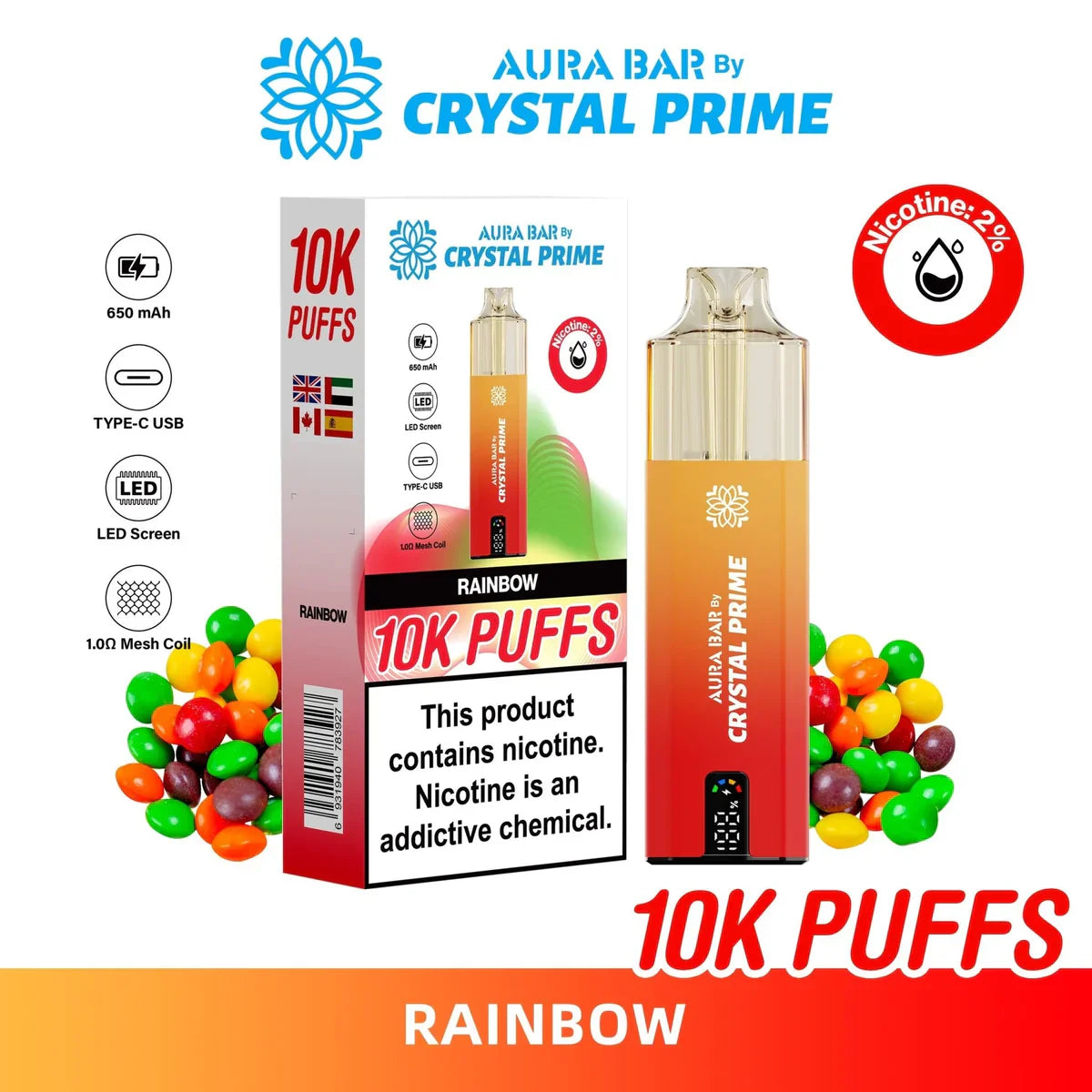 Crystal Prime 10000 Puffs reusable vape in rainbow flavor with 650mAh, LED screen, Type-C USB, 1.0Ω mesh coil, and 2% nicotine.