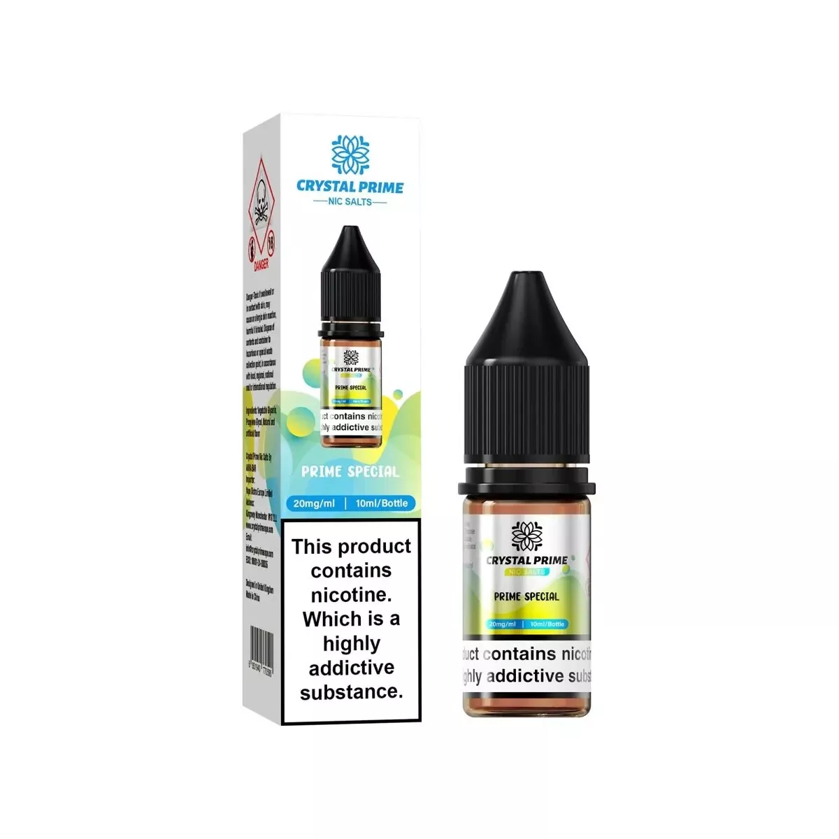 Crystal Prime Nic Salt 10ml e-liquid bottle and packaging with 10mg/20mg nicotine for smooth vaping experience