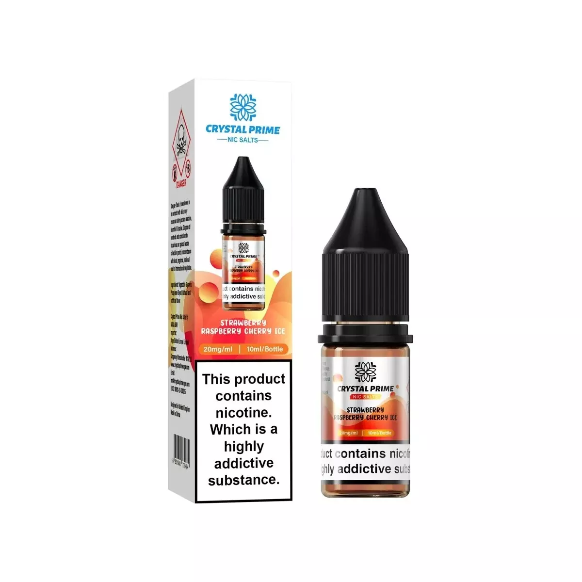 Crystal Prime Nic Salt 10ml e-liquid bottle and box with strawberry raspberry cherry ice flavor and 20mg nicotine concentration