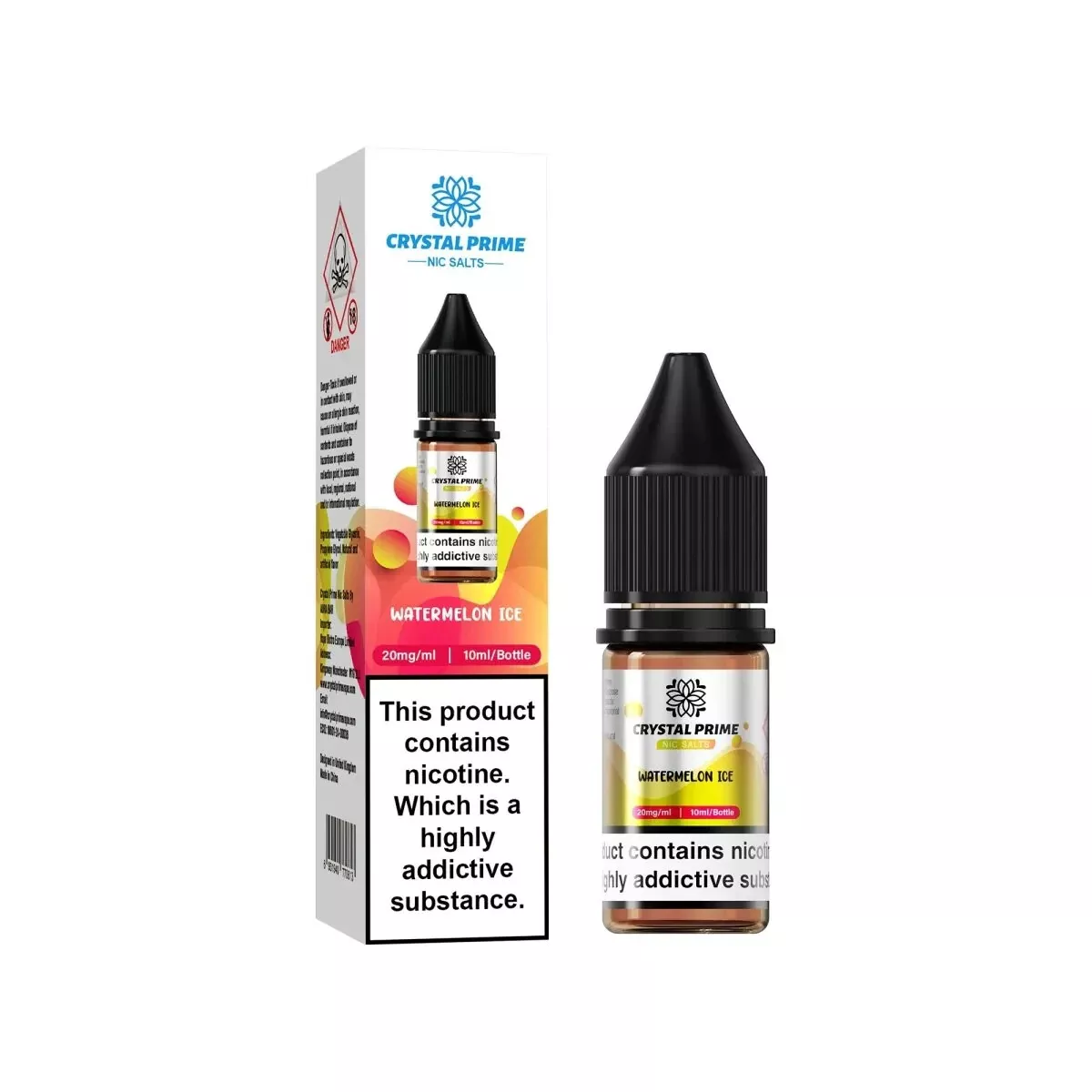 Crystal Prime Nic Salt Watermelon Ice 10ml e-liquid bottle and packaging with 20mg nicotine warning label