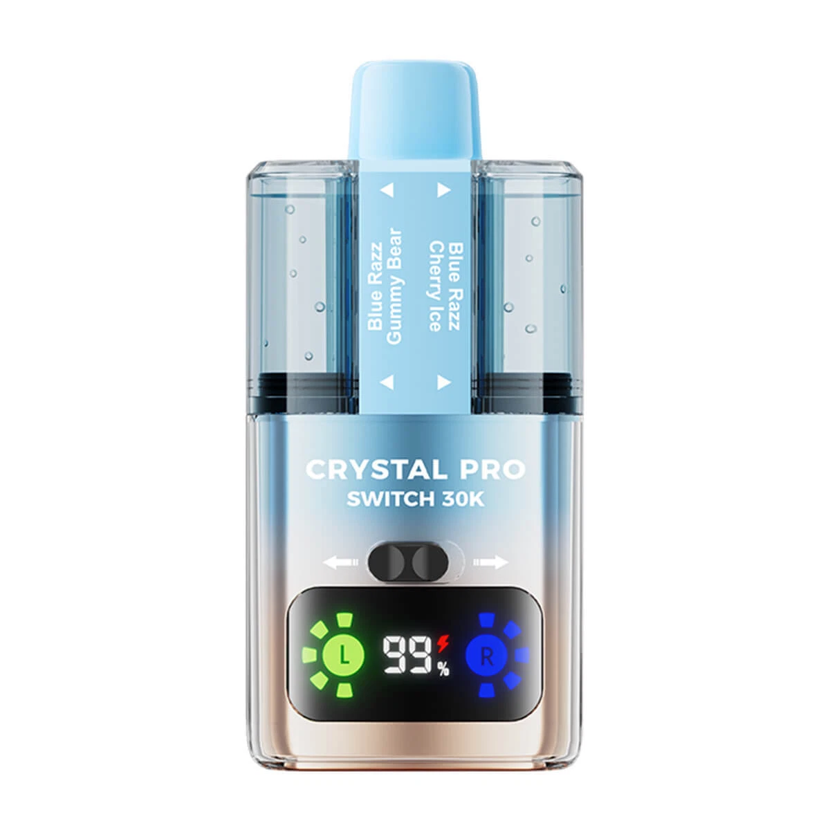 Crystal Pro Switch 30K prefilled vape kit with dual tanks, HD display, and 30,000 puffs capacity in sleek blue design