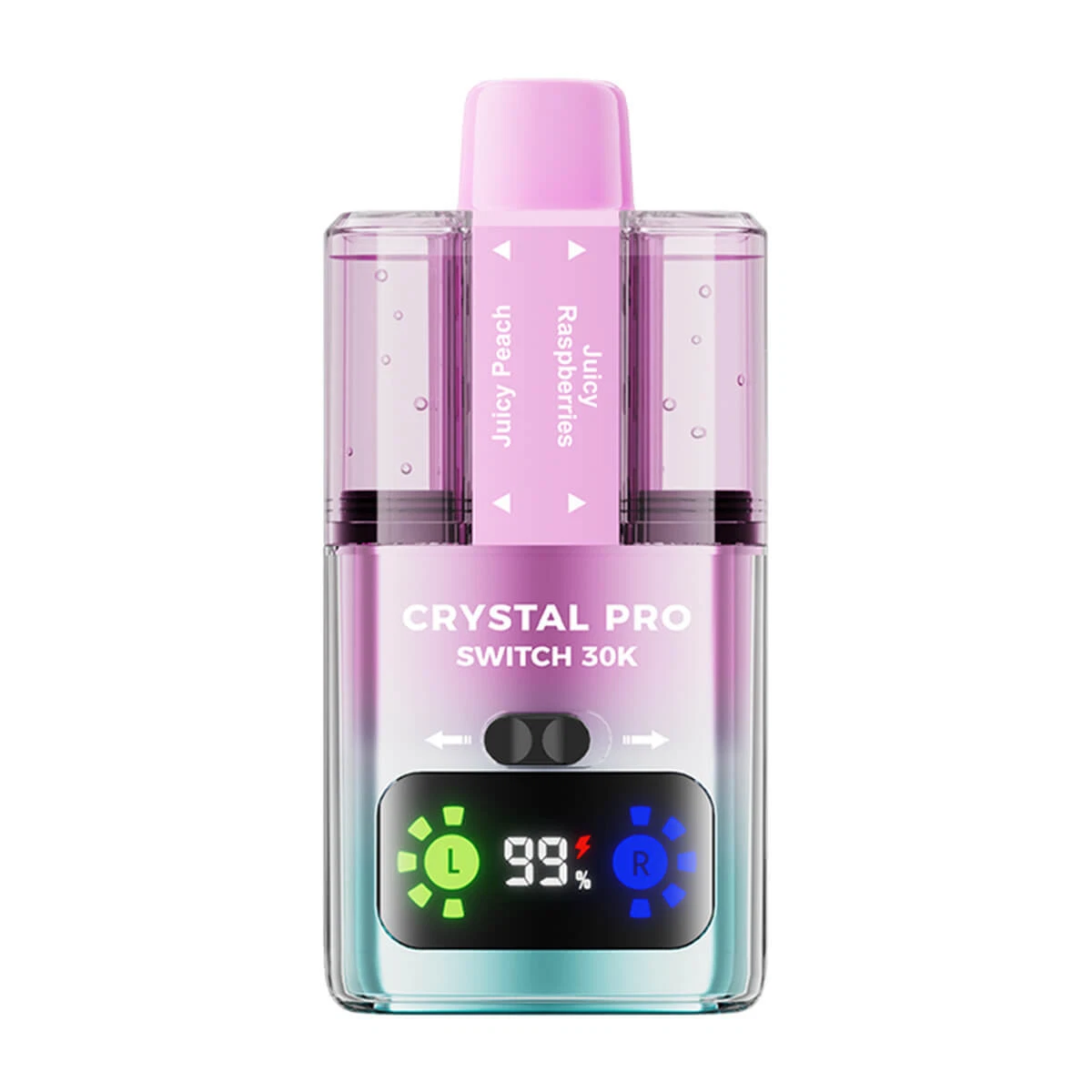 Crystal Pro Switch 30K prefilled vape kit with dual e-liquid tank, HD display, and rechargeable battery in pink gradient design