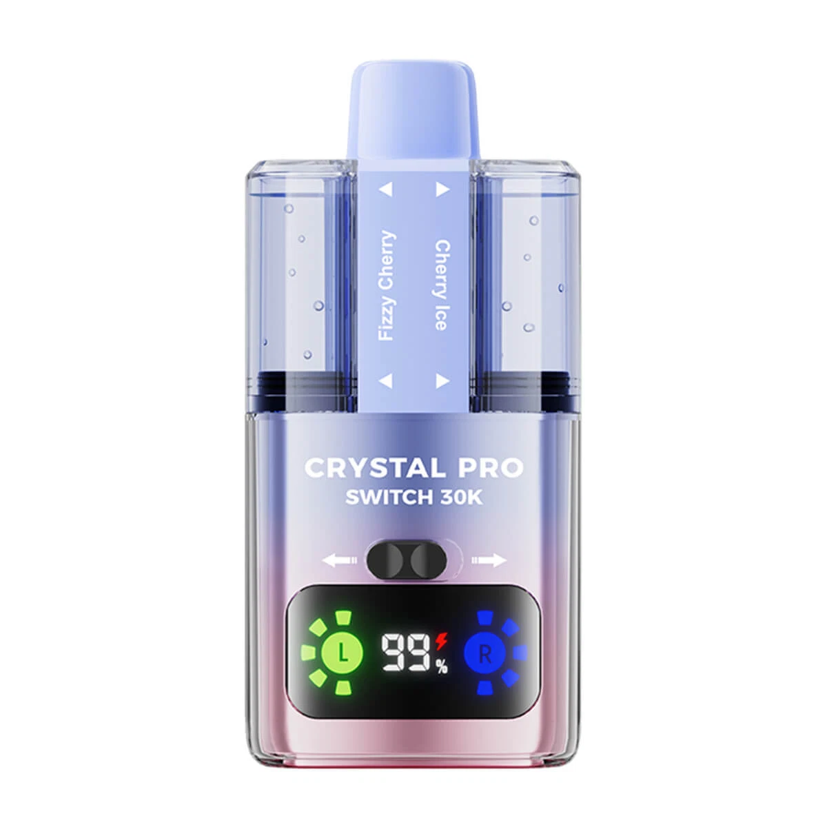 Crystal Pro Switch 30K prefilled vape kit with dual e-liquid tanks, 850mAh battery, HD display, and 30,000 puffs capacity in sleek design.