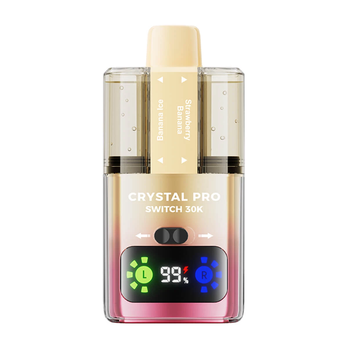 Crystal Pro Switch 30K prefilled vape kit with dual transparent tanks, HD display, rechargeable battery, and airflow control in pink gradient design.