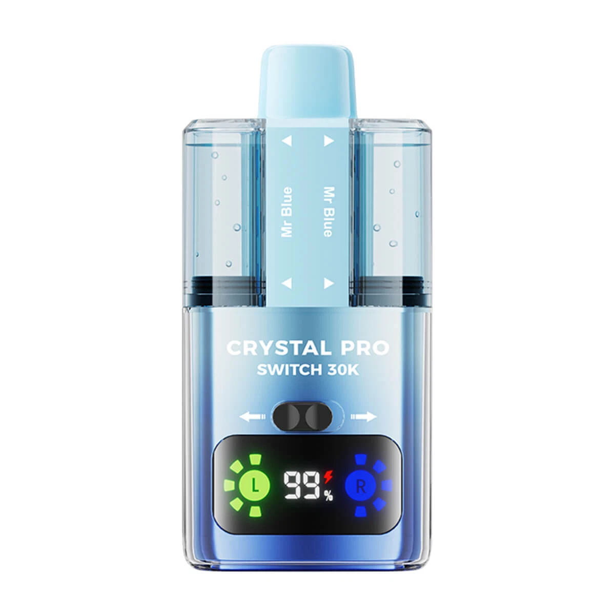 Crystal Pro Switch 30K prefilled vape kit with dual e-liquid tanks, 850mAh battery, HD display, and up to 30,000 puffs capacity