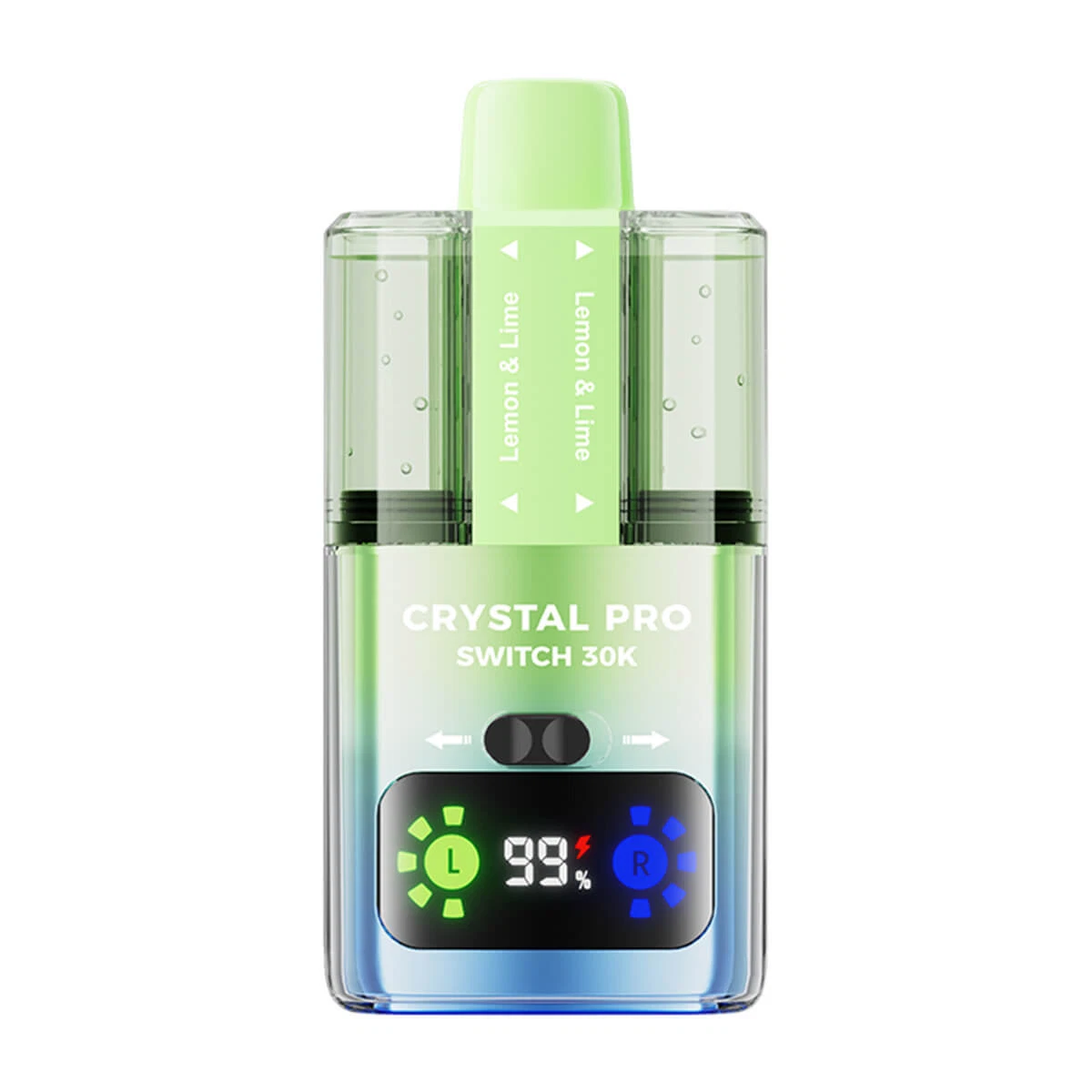 Crystal Pro Switch 30K prefilled vape kit with dual e-liquid tanks, HD display, 850mAh battery, and lemon & lime flavor.
