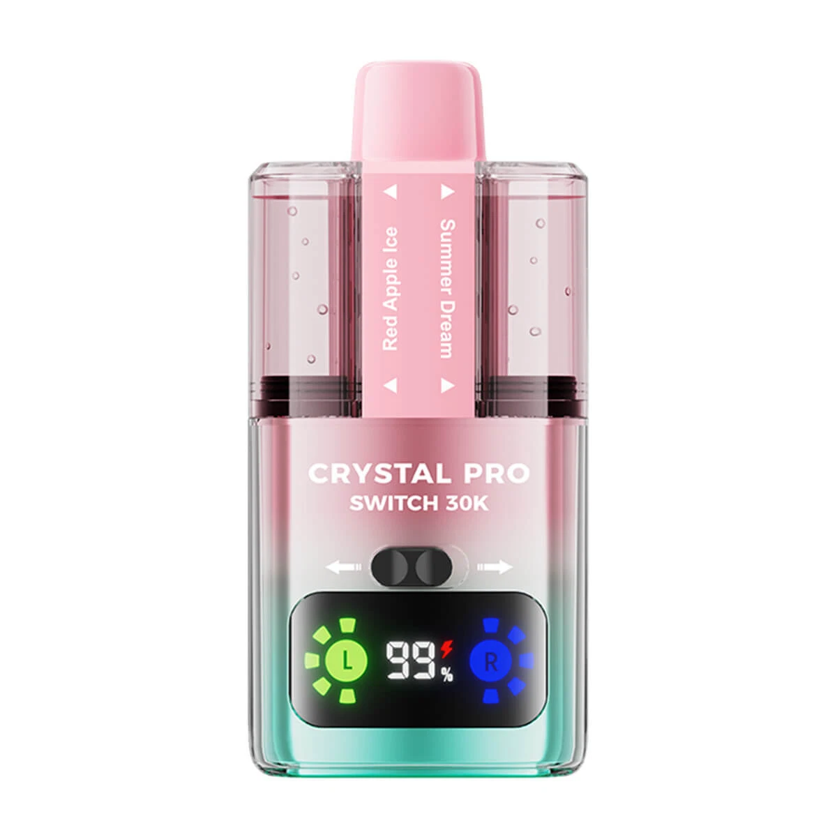 Crystal Pro Switch 30K prefilled vape kit with dual transparent tanks, 850mAh battery, HD display, and adjustable airflow in pink gradient design.