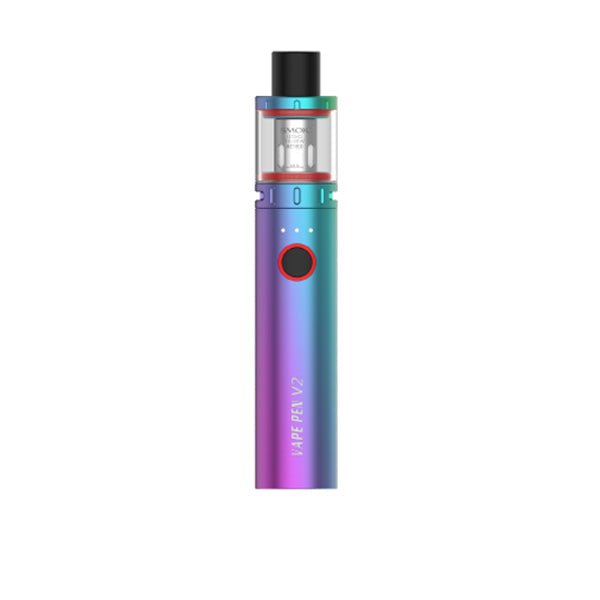 Smok Vape Pen V2 portable vape kit with 1600mAh battery, 2ml tank, adjustable airflow, and 60W output in a colorful cylindrical design