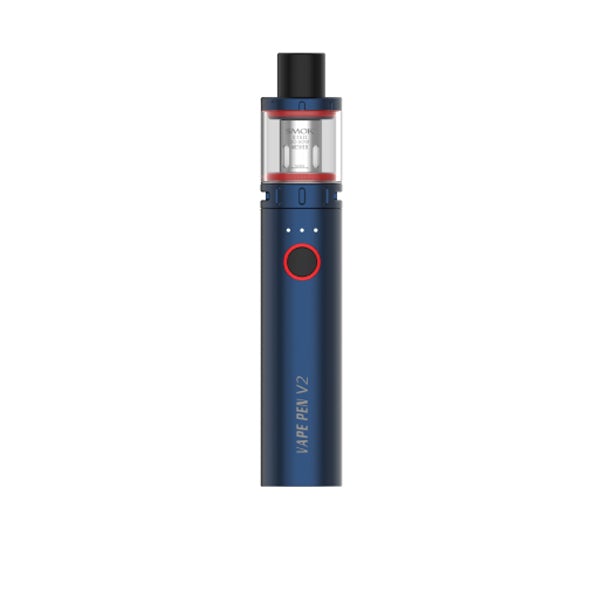 Smok Vape Pen V2 kit with 1600mAh battery, 2ml tank, 60W output, adjustable airflow, and single button operation in blue.