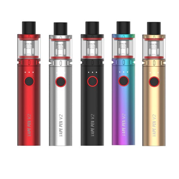 Smok Vape Pen V2 kit in five colors with 1600mAh battery, 2ml tank, 60W output, and adjustable airflow