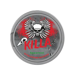 Killa Nicopods tobacco-free nicotine pouches with skull logo and red accents in a round gray container