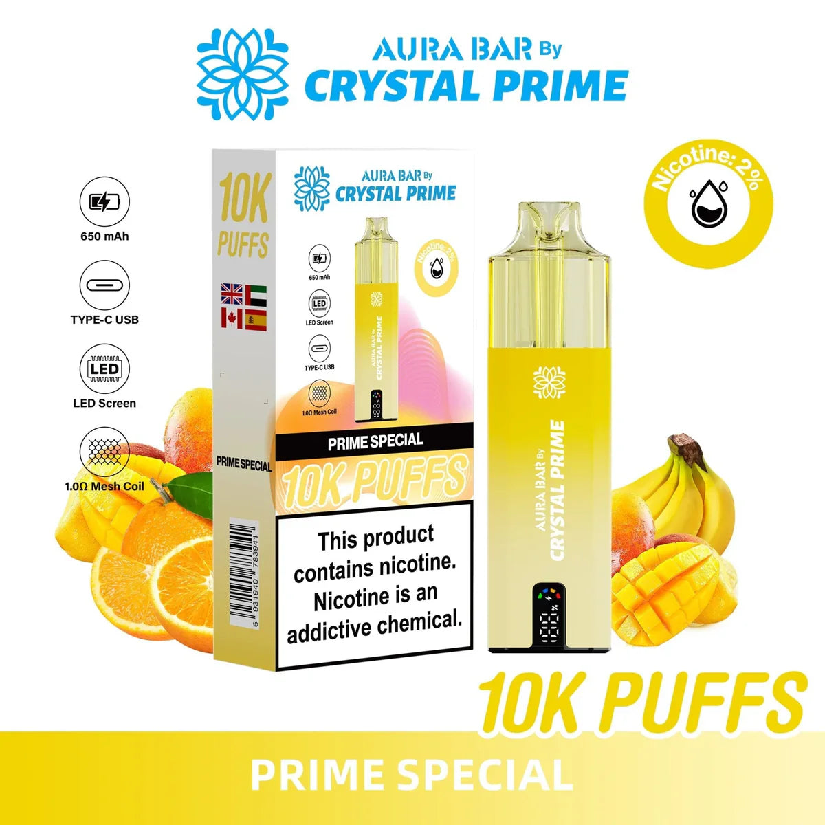 Crystal Prime 10000 Puffs reusable vape with 10,000 puffs capacity, Type-C USB, LED screen, 2% nicotine, prime special flavor with fruit illustrations.