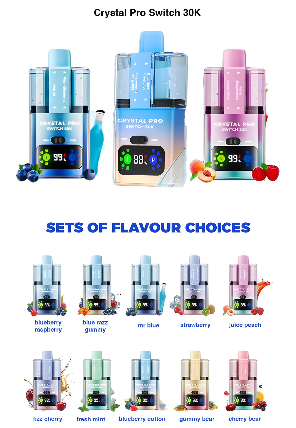 Crystal Pro Switch 30K prefilled vape kit with 30,000 puffs, rechargeable battery, dual mesh coils, HD display, and multiple flavor options including blueberry raspberry, blue razz gummy, and juicy peach.