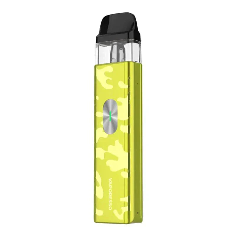 Vaporesso XROS 4 Mini portable pod vape kit in camo yellow with adjustable airflow and 1000mAh battery
