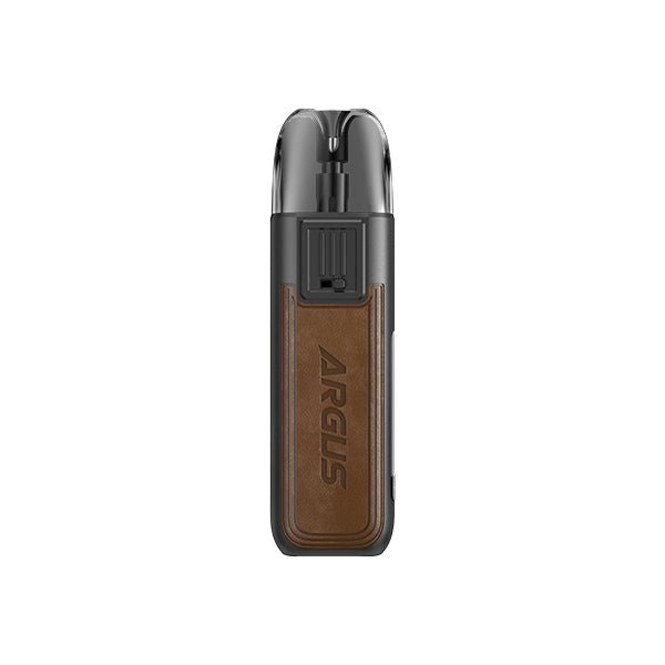 Voopoo Argus Pod 20W Kit with zinc alloy and leather body, ergonomic mouthpiece, 0.69" OLED screen, adjustable airflow, and built-in 800mAh battery.
