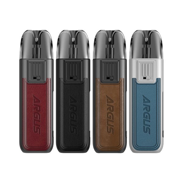 Voopoo Argus Pod 20W Kit in red, black, brown, and blue with zinc alloy and leather design, featuring OLED screen and magnetic pod connection.
