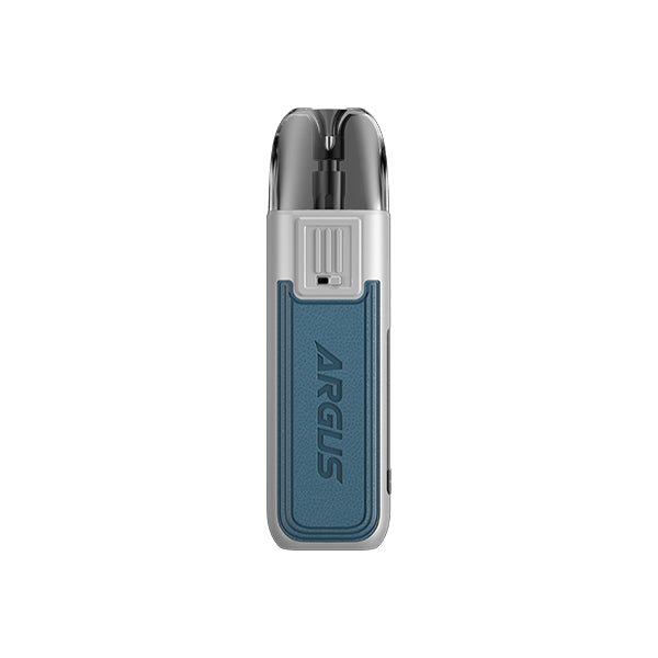 Voopoo Argus Pod 20W compact vaping device with zinc alloy and leather design, OLED screen, magnetic pod connection, and adjustable airflow.
