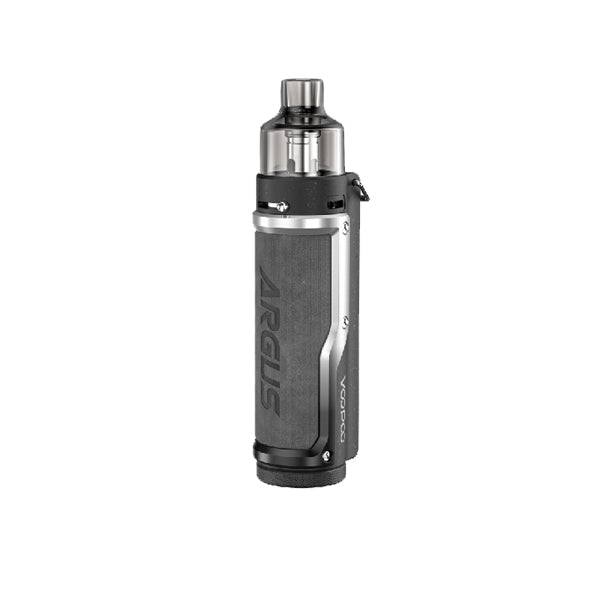Voopoo Argus Pro pod kit with ergonomic metal and leather design, built-in 3000mAh battery, 0.96-inch color screen, and 80W output.