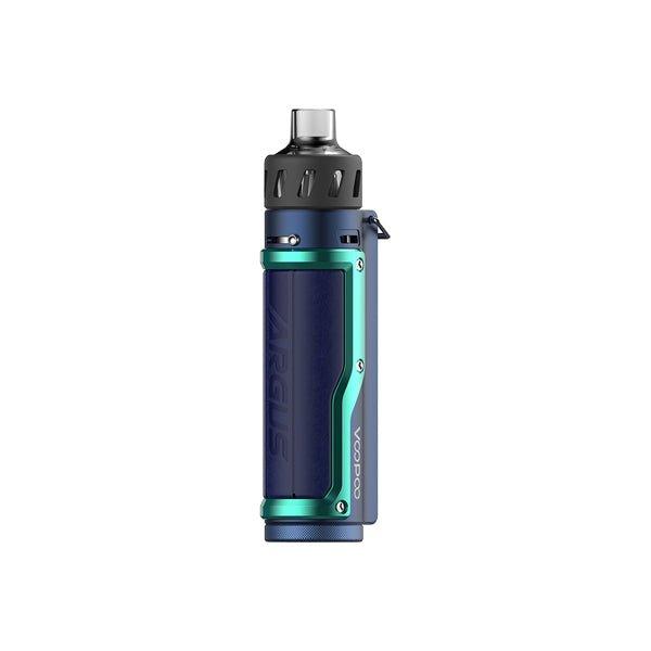 Voopoo Argus Pro vape pod kit with ergonomic metal and leather design, 80W output, built-in 3000mAh battery, and 0.96-inch color screen.