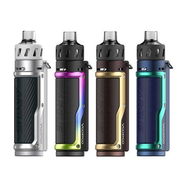 Voopoo Argus Pro pod kit vape devices in silver, rainbow, brown gold, and blue green with ergonomic metal and leather design.