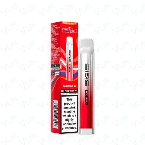 SKE Crystal Bar 600 Pro Prefilled Kit with 400mAh battery and 2ml watermelon ice pod in red and white packaging