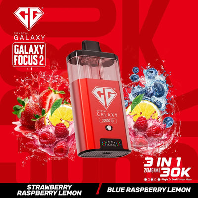 Crystal Galaxy Focus 2 30K prefilled vape pod with 30,000 puffs and mixed berry fruit flavors on red background