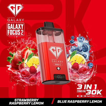 Crystal Galaxy Focus 2 30K prefilled vape pod with 30,000 puffs and mixed berry fruit flavors on red background