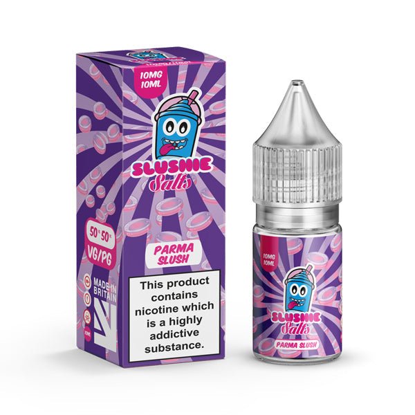 Liqua Vape 10ml Parma Slush nicotine salt e-liquid bottle and box with purple slushie design and 10mg nicotine strength