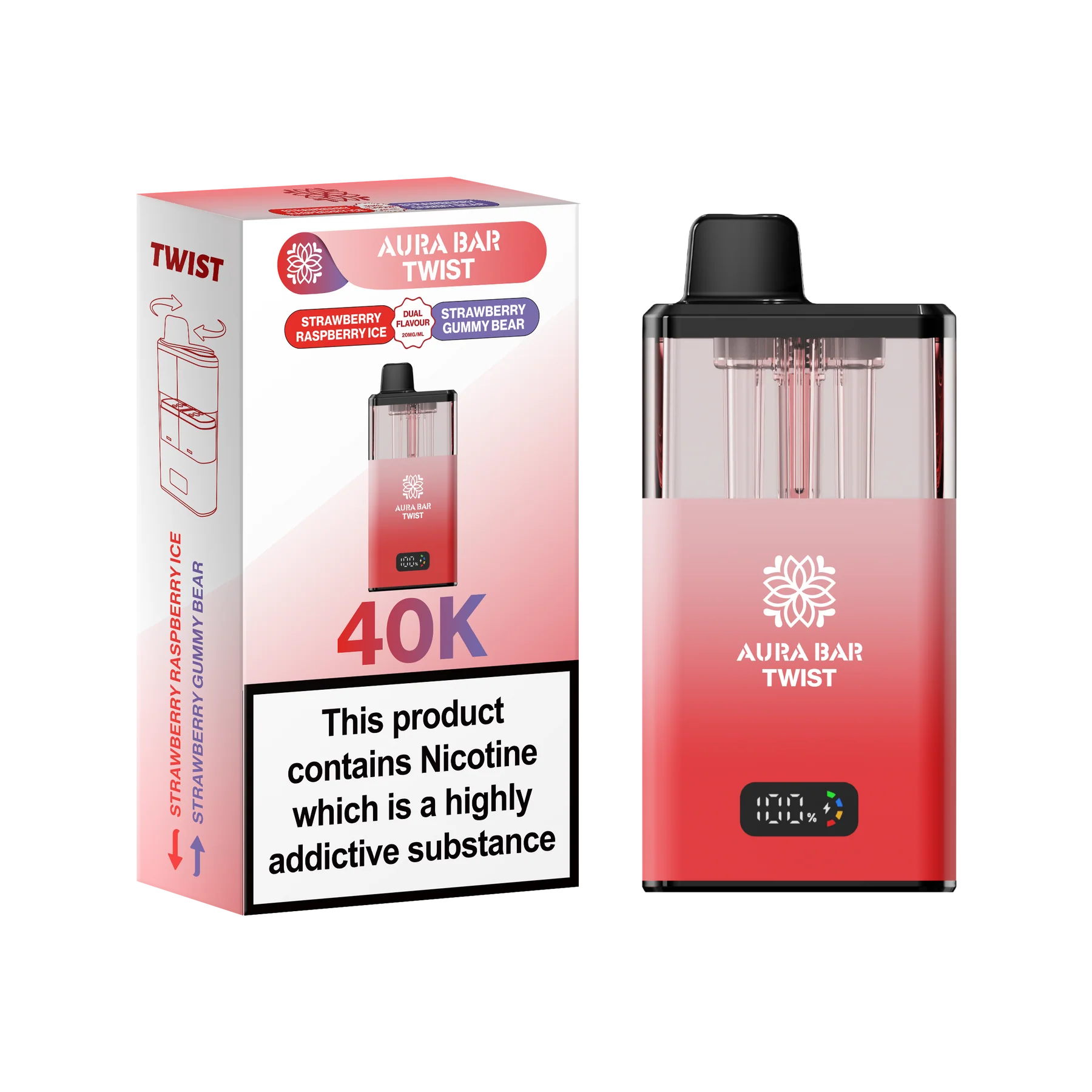 Aura Bar 40K Vape Kit with dual-flavour twist mechanism, 850mAh rechargeable battery, LED display, and prefilled pods for up to 40,000 puffs.