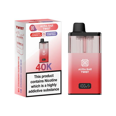 Aura Bar 40K Vape Kit with dual-flavour twist mechanism, 850mAh rechargeable battery, LED display, and prefilled pods for up to 40,000 puffs.