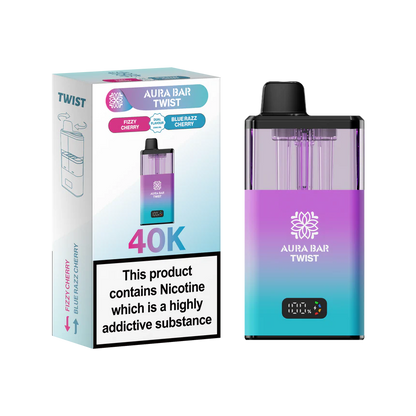Aura Bar 40K Vape Kit with dual-flavour twist, LED display, 850mAh rechargeable battery, prefilled pod, 40,000 puffs, mesh coil technology.